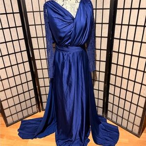Kenzel Satin Embellish Bead Panels Ruched V-neck Formal Evening Gown Navy